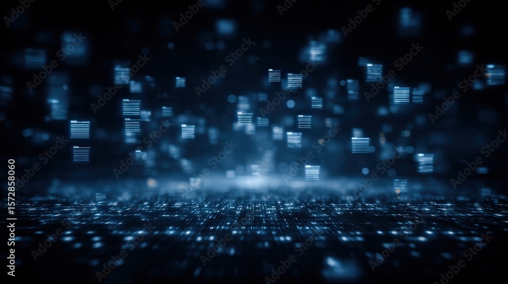 Poster abstract network grid with files and folders, futuristic software interface, digital document manage