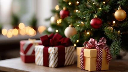 Two wrapped gifts under a decorated Christmas tree with glowing lights indoors at night.