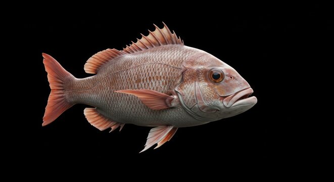 Detailed close-up of a vibrant red snapper fish against a stark black backdrop demonstrating