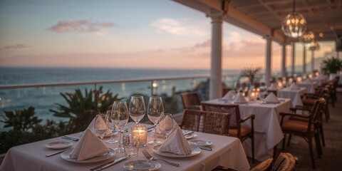 Elegant restaurant setting with ocean view at sunset featuring tables and chairs and place settings