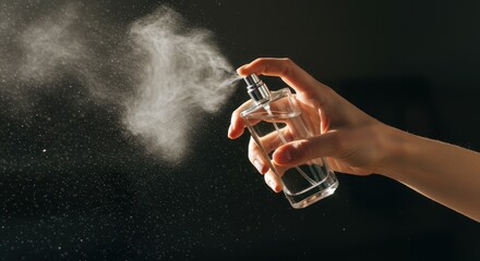 Elegant studio shot of a hand spraying perfume from a glass bottle on dark background