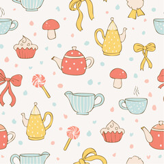 Seamless vector pattern with coquette elements for tea party. Background with line art illustrations of teapot, cup, bow, mushroom. Vintage whimsical texture for wallpaper, wrapping paper, ...