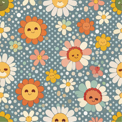 Seamless vector pattern with colorful groovy flowers and smiling faces. 70s, 80s, 90s vibes plaid background. Abstract daisy and camomile emoji on squares. Vintage nostalgia ...