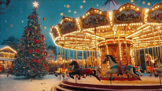 A festive carousel at an indoor amusement park, beautifully decorated for Christmas. The carousel is surrounded by glowing lights and the atmosphere is warm and inviting.
