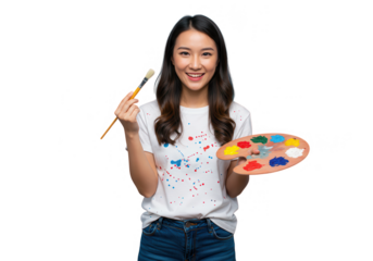A cheerful asian woman holds a paintbrush and palette with colorful paints, smiling in a studio isolated on transparent background