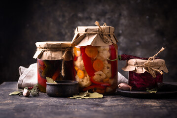 Healthy homemade fermented food in jars