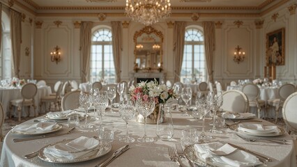A lavishly decorated banquet hall with set tables and floral arrangements for a special occasion event