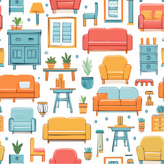 Seamless vector banner with outline drawings of trendy furniture and decor. Mid century and scandinavian interior design background. Line art home objects ...