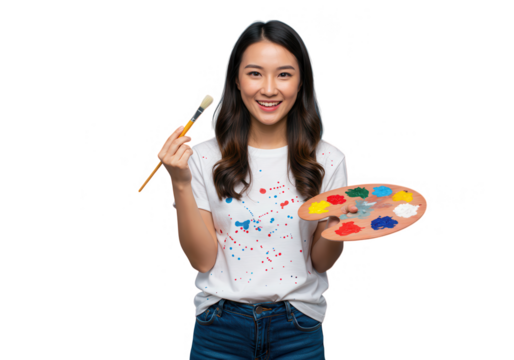 A cheerful asian woman holds a paintbrush and palette with colorful paints, smiling in a studio isolated on transparent background