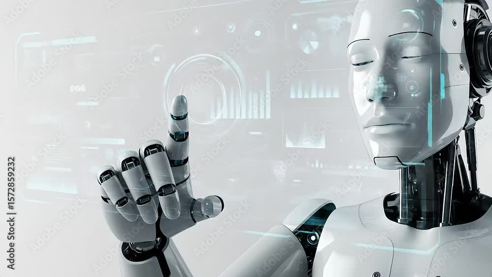 Poster futuristic humanoid robot interacting with holographic interface in a high-tech environment