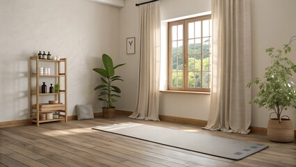 Serene yoga space with natural light and lush greenery