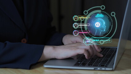 hand interacts with the smart UI, symbolizing advanced AI tools, surrounded by digital overlay icons for generating text, images, highlights next-gen AI chatbots, smart automation