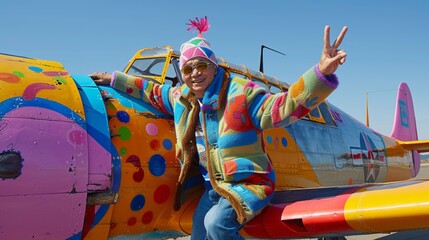Individual giving peace sign next to a vibrant airplane in a joyful outdoor setting