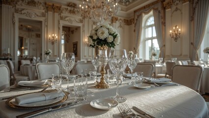 A beautifully set table in a luxurious ballroom with white linens and crystal glassware and floral centerpiece