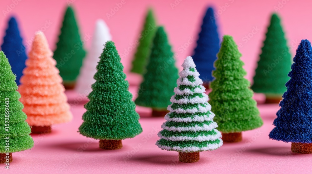 Poster close-up of small green trees arranged on a smooth pink surface with soft lighting, minimalistic com