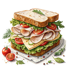 Large fresh sandwich layered with meat, lettuce, tomato, and herbs