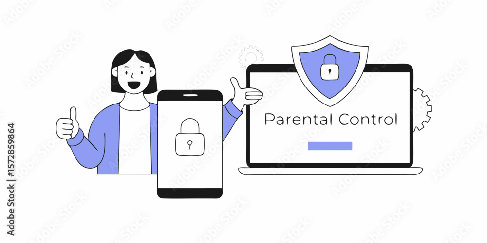 Poster parental control represented with a person, smartphone, and computer display for security design and