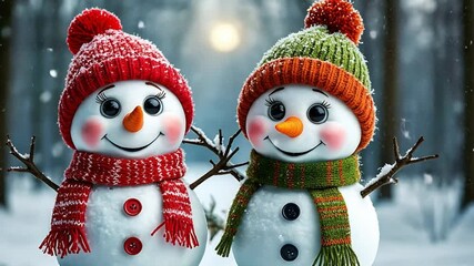 Two cheerful snowmen stand in a snowy forest. One wears a red hat and scarf, the other an orange hat and green scarf. Both have smiling faces and stick arms. - Powered by Adobe