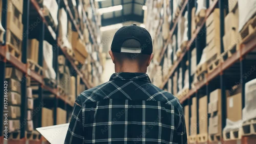 Poster warehouse worker wearing cap inspecting inventory in large storage facility with shelves full of box
