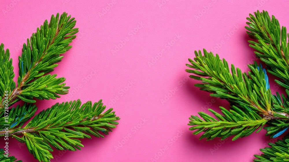 Poster two green pine tree branches arranged on a solid pink background with soft lighting.