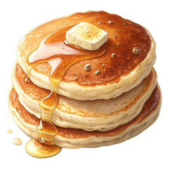 Stack of soft pancakes with butter and maple syrup on top