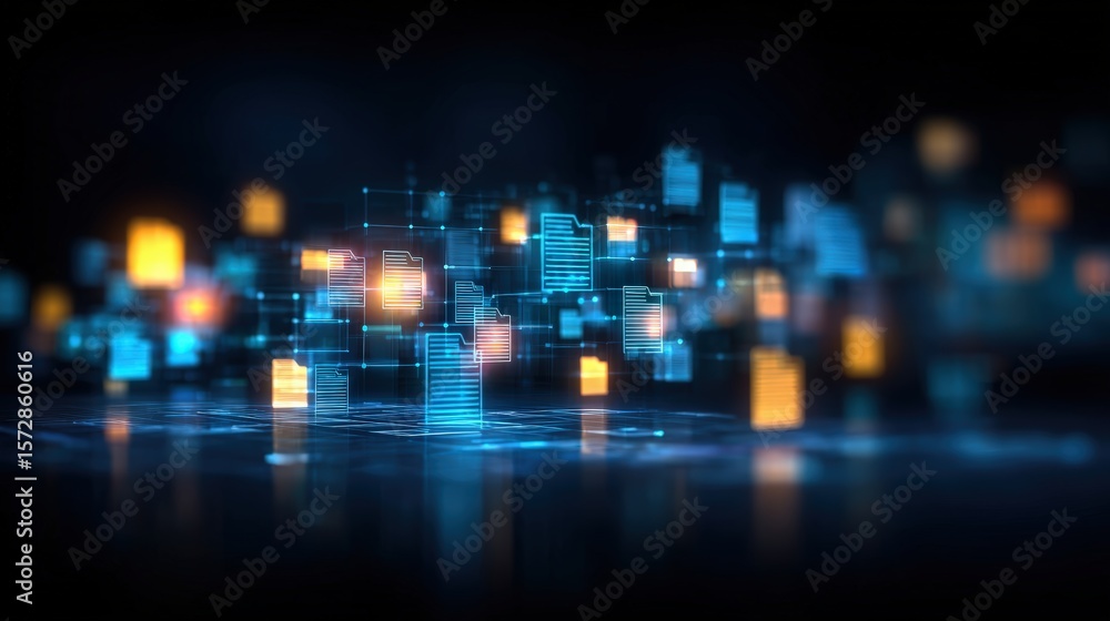 Poster abstract network grid with files and folders, futuristic software interface, digital document manage