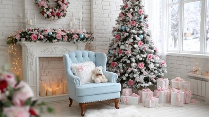 Christmas tree decorated in a cozy room corner next to a modern blue armchair during daytime.