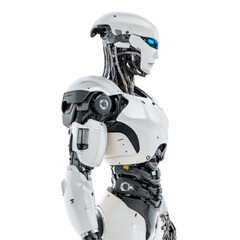 Futuristic white robot in profile with blue visor and visible mechanical components