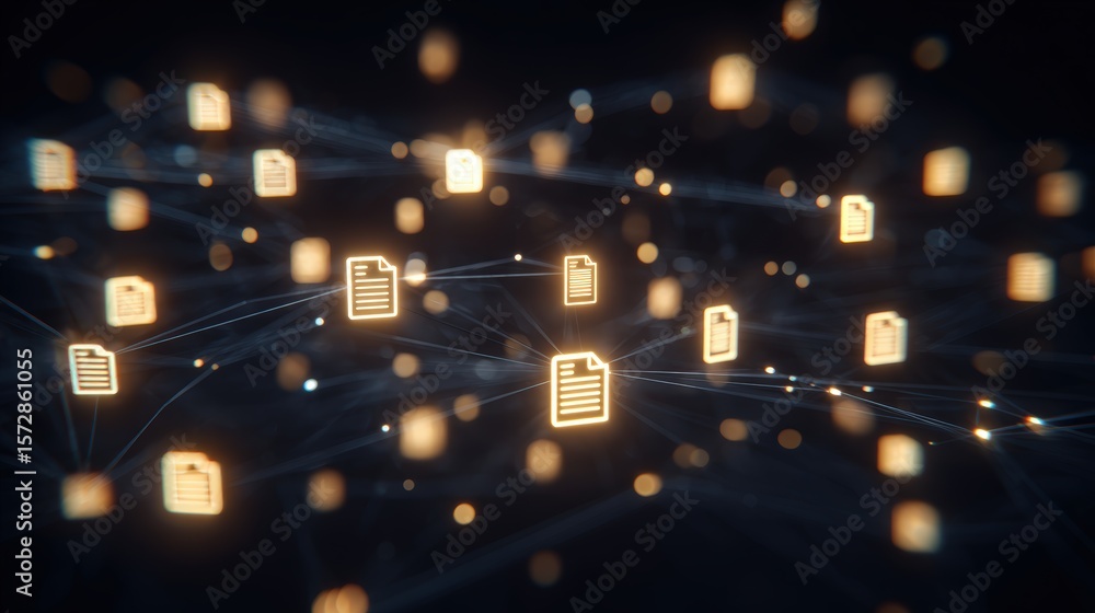 Poster abstract network grid with files and folders, futuristic software interface, digital document manage