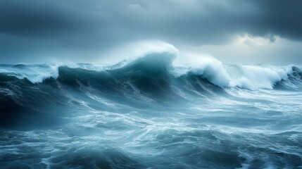 Fototapeta premium Big ocean waves crashing during storm with dramatic sky