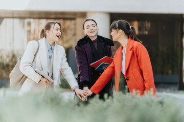 Three professional women share a lighthearted moment while collaborating outdoors, showcasing...