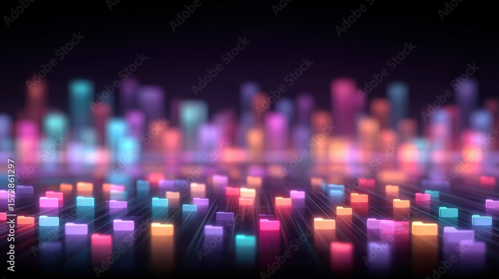Poster abstract network grid with files and folders, futuristic software interface, digital document manage