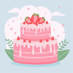 Cute pink bento cake with melting glaze and strawberries on top. Girly dessert for birthday, valentine day, anniversary. Hand drawn doodle pastry. Vector ...