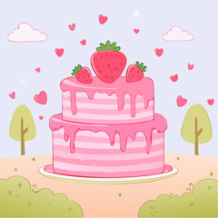 Cute pink bento cake with melting glaze and strawberries on top. Girly dessert for birthday, valentine day, anniversary. Hand drawn doodle pastry. Vector ...