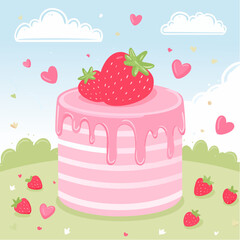 Cute pink bento cake with melting glaze and strawberries on top. Girly dessert for birthday, valentine day, anniversary. Hand drawn doodle pastry. Vector ...