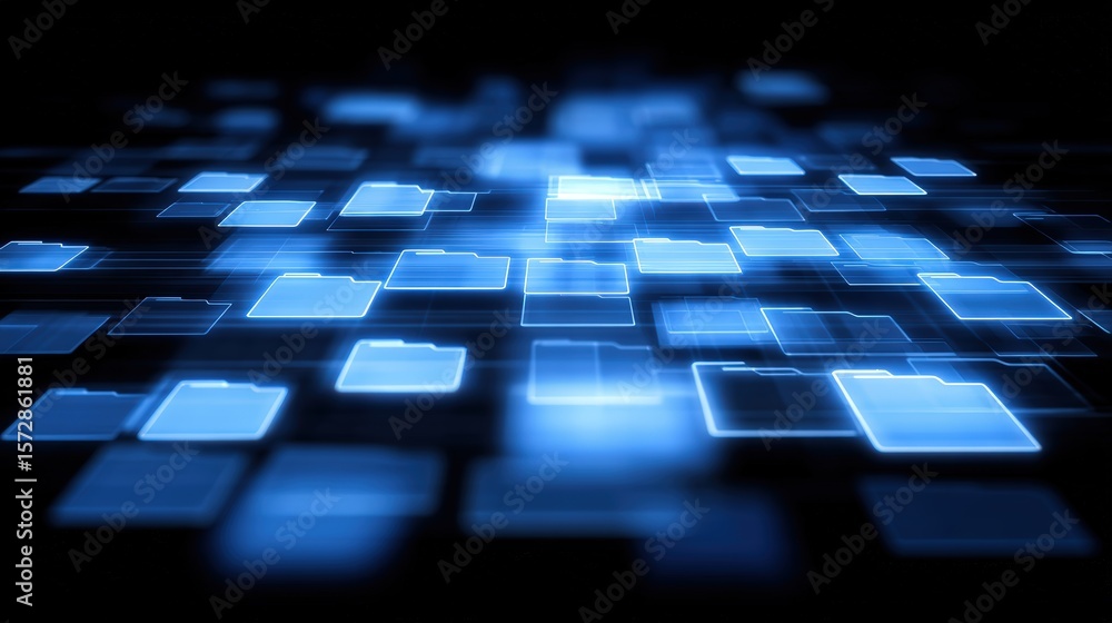 Poster abstract network grid with files and folders, futuristic software interface, digital document manage