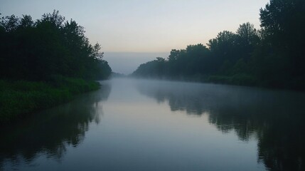 Fototapeta premium Ethereal river landscape at dawn with mist rising and lush green banks