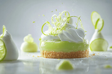 Delicious key lime pie with lime zest garnish, vibrant studio-lit food photo in sharp focus on clean background