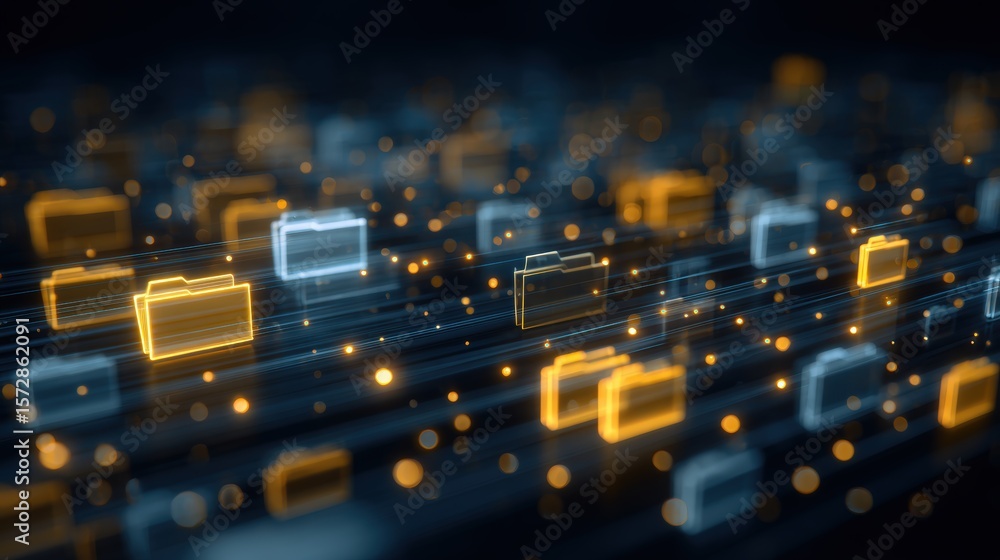 Poster abstract network grid with files and folders, futuristic software interface, digital document manage