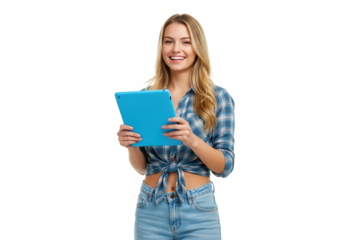 A smiling young woman holding a blue tablet against a transparent background in studio