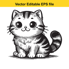 Monochrome Cartoon Cat Illustration of an Adorable Kitten with Expressive Eyes and Playful Stripes Sitting Down and Looking Forward