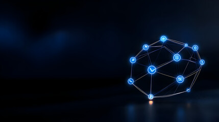 Digital technology concept with a neon abstract circle of AI icons on a dark background