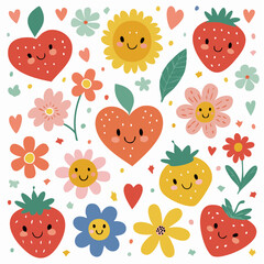 Set of naive retro doodles. Cute flowers, hearts, strawberry, cherry, smiling faces and other shapes. Abstract groovy decor. 70s disko party aesthetic. Funky vector elements for card, poster ...