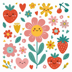 Set of naive retro doodles. Cute flowers, hearts, strawberry, cherry, smiling faces and other shapes. Abstract groovy decor. 70s disko party aesthetic. Funky vector elements for card, poster ...