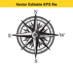 Vintage Compass Rose in Black and White North South East and West Nautical Adventure and Exploration Emblem