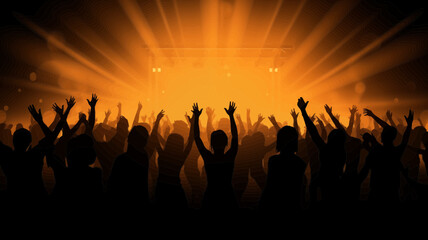 Concert crowd celebrates during music event with stage light silhouettes, ideal for event promotions and creative designs.
