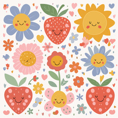Set of naive retro doodles. Cute flowers, hearts, strawberry, cherry, smiling faces and other shapes. Abstract groovy decor. 70s disko party aesthetic. Funky vector elements for card, poster ...