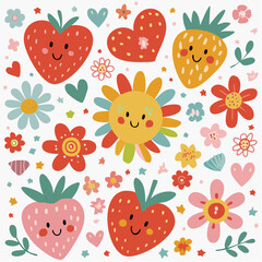 Set of naive retro doodles. Cute flowers, hearts, strawberry, cherry, smiling faces and other shapes. Abstract groovy decor. 70s disko party aesthetic. Funky vector elements for card, poster ...
