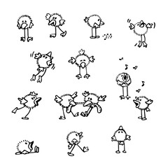 Set of crazy doodles of little chicks with humor and emotions and scenes from life