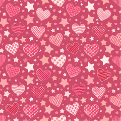 Seamless Vector Design Featuring Y2K Checkered Hearts and Stars, Emo Goth Aesthetic in Pink, Ideal for Wrapping Paper, Wallpaper, Fabrics, and Valentine&rsquo;s Day Cover Art.
